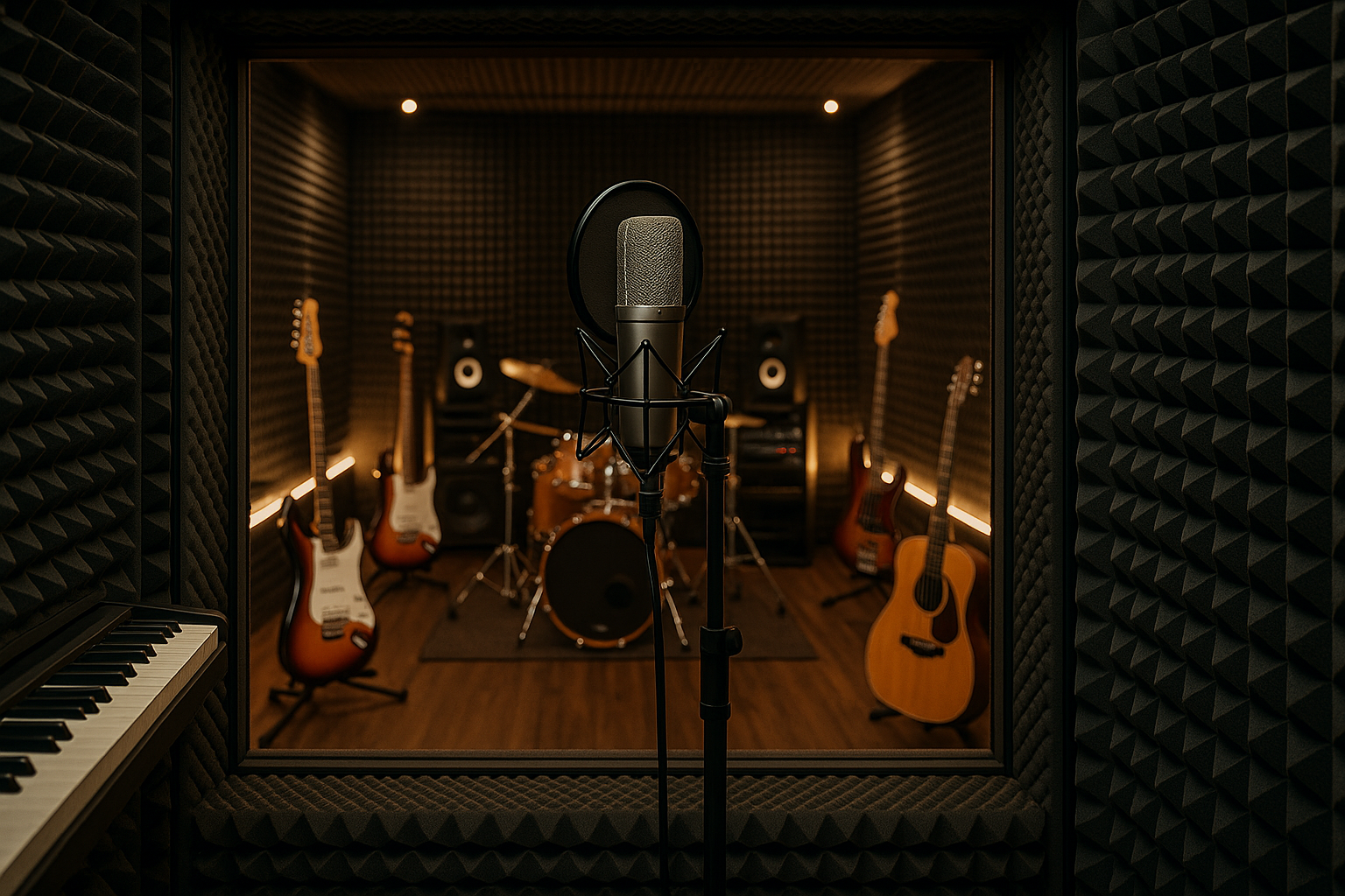 Recording booth surrounded by instruments and a microphone 